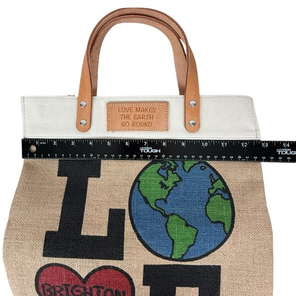 NWOT Brighton “Love Makes the Earth Go Round” Jute Tote Bag with Leather Handles - Picture 7 of 10